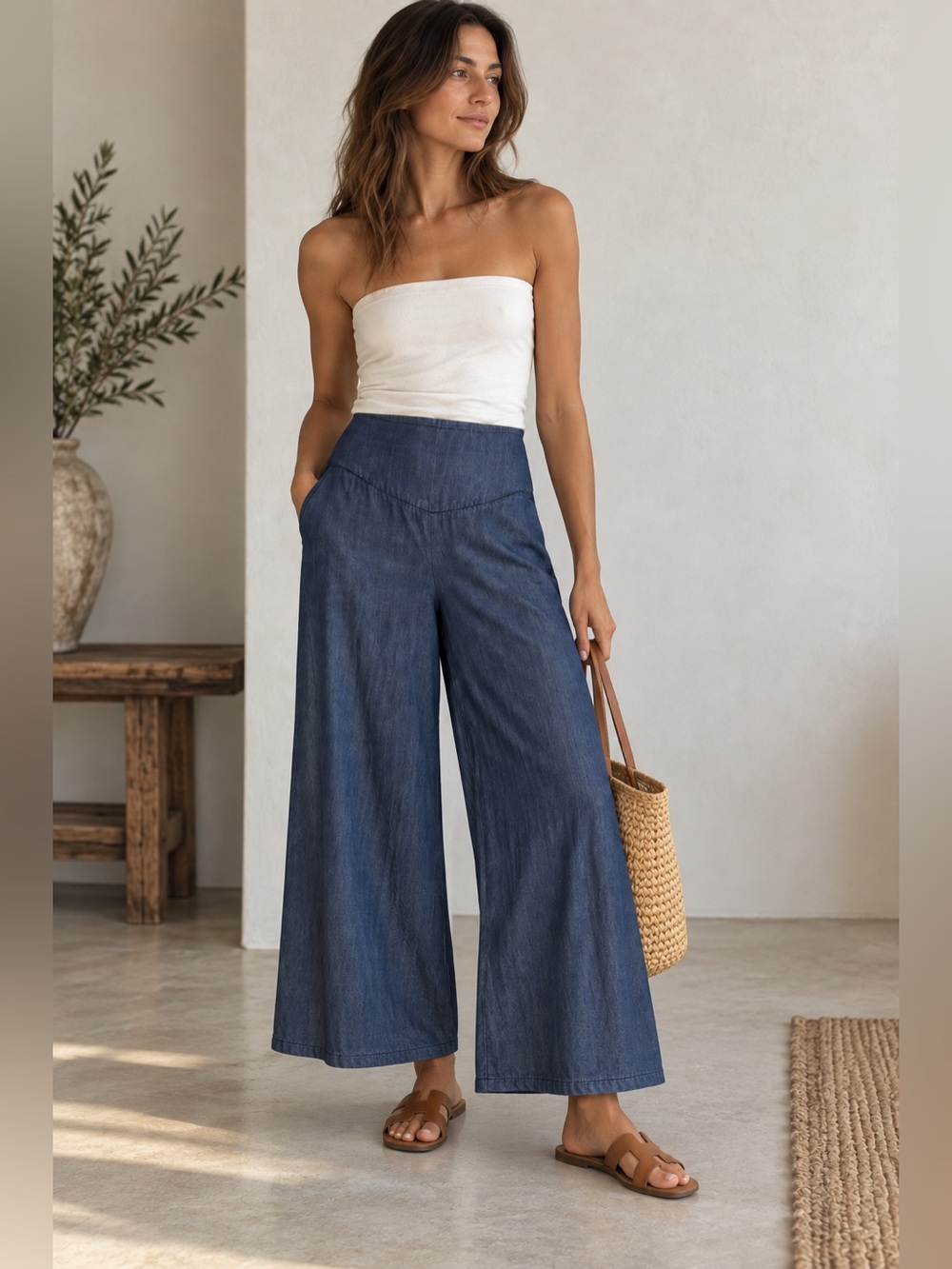 Women’s Chambray Denim Wide Leg Pull-On Pants High Rise Cropped 25” Inseam